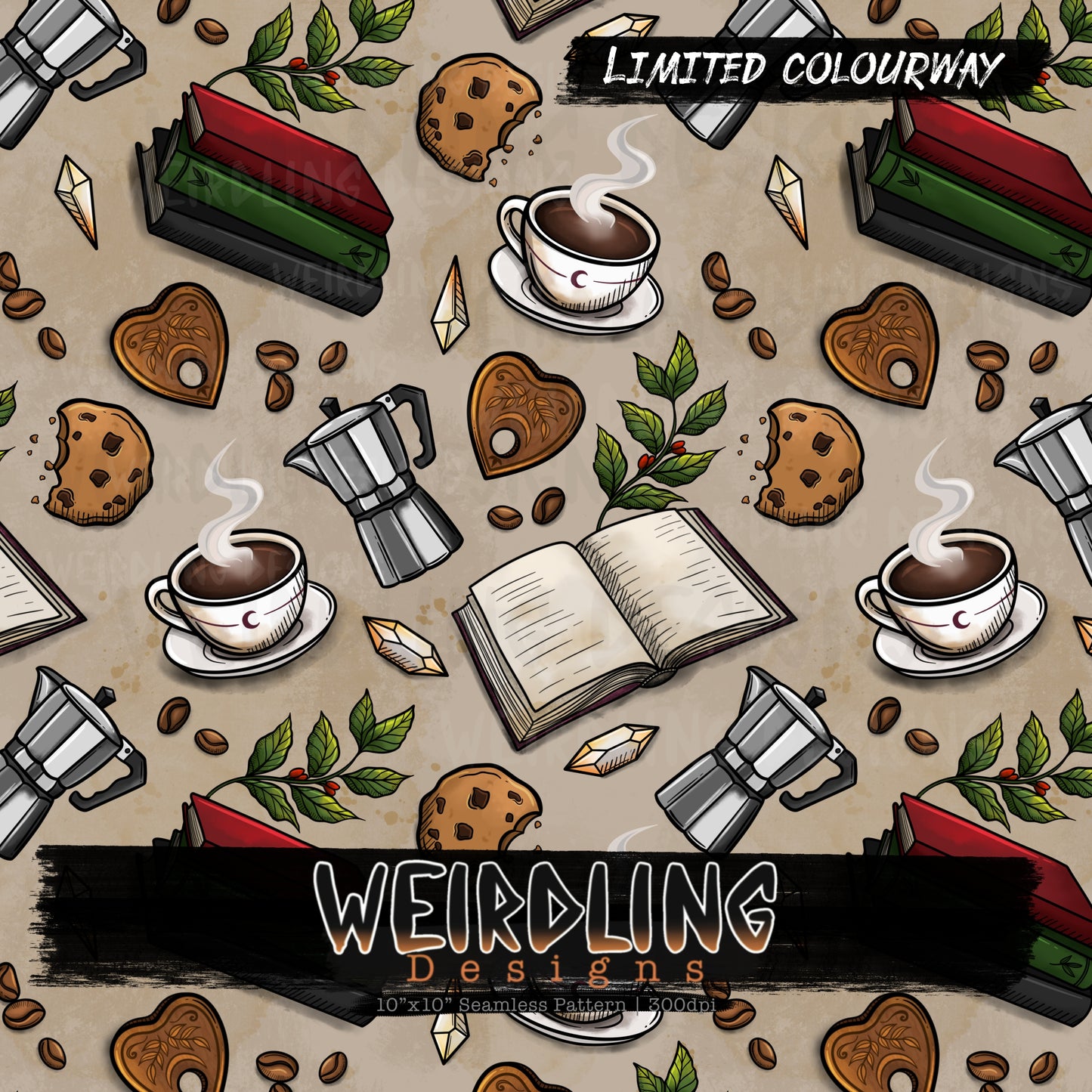 Bookish Brews Coffee - Limited Seamless Design- 4 Colourways